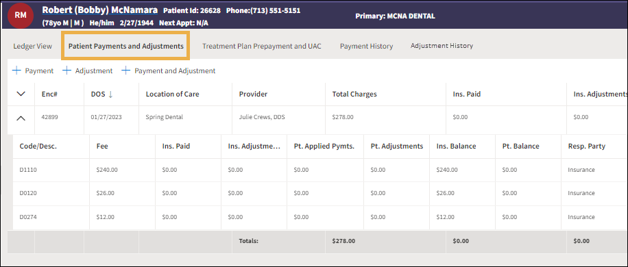 Patient Payment and Adjustments tab with yellow highlight box around it.